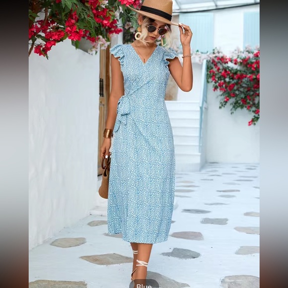 Dresses Floral Print Lace Up Dress V Neck Ruffle Hem Dress Casual